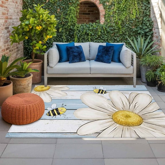Outdoor Rug, Farm White Daisy Bees Indoor Area Rug Outdoor Carpet RV Camping Rugs 4x6ft Blue Wood Board Background Outside Mat for Patio Picnic Porch Deck Balcony Backyard
