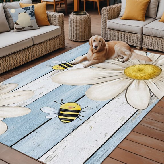 Outdoor Rug, Farm White Daisy Bees Indoor Area Rug Outdoor Carpet RV Camping Rugs 6x9ft Blue Wood Board Background Outside Mat for Patio Picnic Porch Deck Balcony Backyard