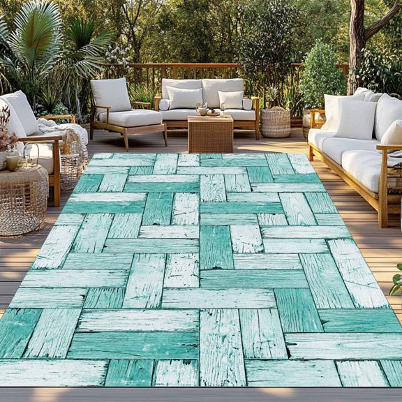 Outdoor Rug, Farm Wood Grain Teal Gradient Indoor Area Rug Outdoor Carpet RV Camping Rugs 3x5ft Vibrant Style Outside Mat for Patio Picnic Porch Deck Balcony Backyard