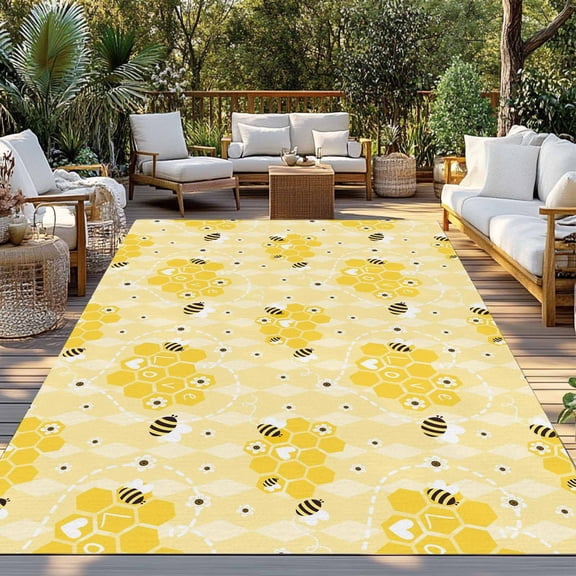 Outdoor Rug, Farm Yellow Bee Honeycomb Indoor Area Rug Outdoor Carpet RV Camping Rugs 3x5ft Geometric Floral Love Heart Outside Mat for Patio Picnic Porch Deck Balcony Backyard