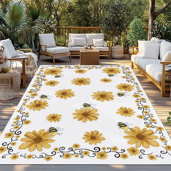Outdoor Rug, Farm Yellow Small Sunflowers Indoor Area Rug Outdoor Carpet RV Camping Rugs 3x5ft Busy Bees Outside Mat for Patio Picnic Porch Deck Balcony Backyard