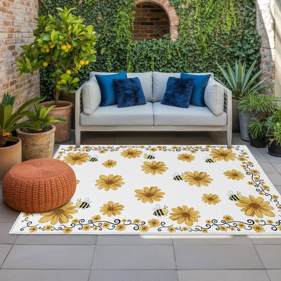 Outdoor Rug, Farm Yellow Small Sunflowers Indoor Area Rug Outdoor Carpet RV Camping Rugs 4x6ft Busy Bees Outside Mat for Patio Picnic Porch Deck Balcony Backyard