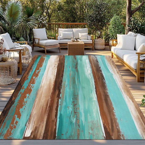 Outdoor Rug, Farmhouse Abstract Teal Brown Wooden Grain Indoor Area Rug Outdoor Carpet RV Camping Rugs 3x5ft Watercolor Style Outside Mat for Patio Picnic Porch Deck Balcony Backyard