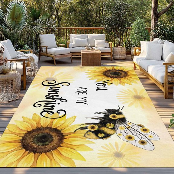 Outdoor Rug, Farmhouse Bee Yellow Sunflower Indoor Area Rug Outdoor Carpet RV Camping Rugs 3x5ft Abstract Blossom Floral Outside Mat for Patio Picnic Porch Deck Balcony Backyard