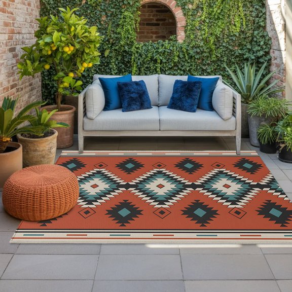 Outdoor Rug, Farmhouse Brown Aztec Art Indoor Area Rug Outdoor Carpet RV Camping Rugs 4x6ft Abstract Vintage Tribe Outside Mat for Patio Picnic Porch Deck Balcony Backyard