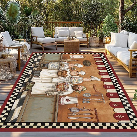 Outdoor Rug, Farmhouse Cartoon Chef Indoor Area Rug Outdoor Carpet RV Camping Rugs 3x5ft Cooking Theme Black White Checkered Outside Mat for Patio Picnic Porch Deck Balcony Backyard