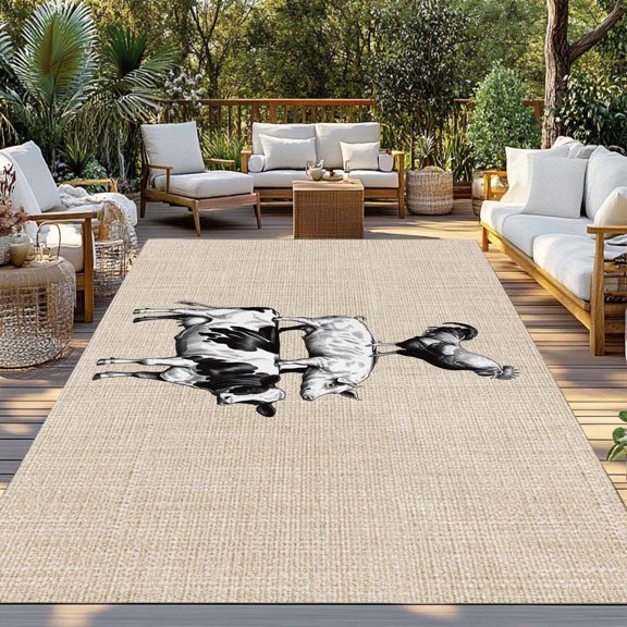 Outdoor Rug, Farmhouse Chick Pig Cow Animal Indoor Area Rug Outdoor Carpet RV Camping Rugs 3x5ft Vintage Burlap Linen Outside Mat for Patio Picnic Porch Deck Balcony Backyard