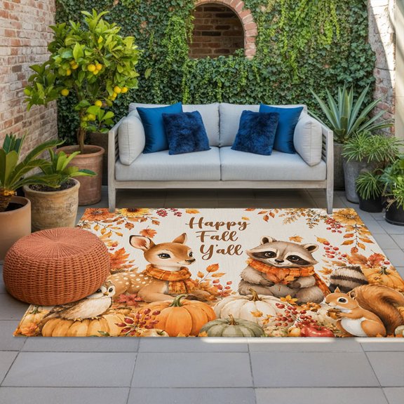 Outdoor Rug, Farmhouse Deer Raccoon Squirrel Owl Indoor Area Rug Outdoor Carpet RV Camping Rugs 4x6ft Fall Maple Leaf Pumpkin Outside Mat for Patio Picnic Porch Deck Balcony Backyard