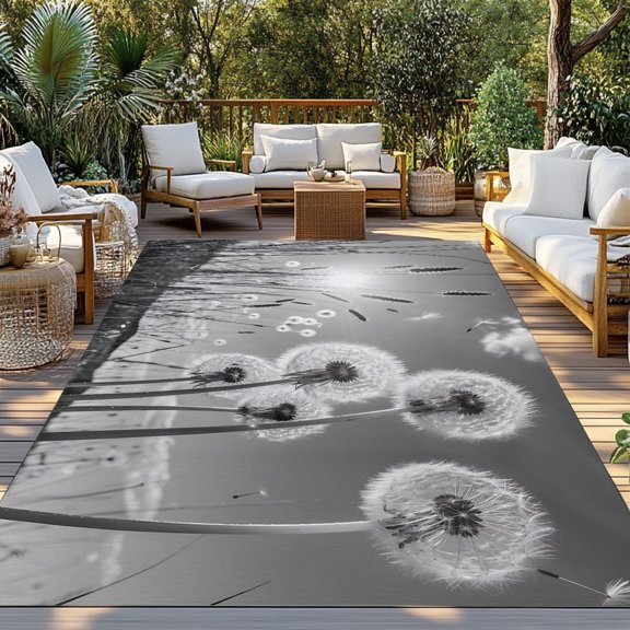 Outdoor Rug, Farmhouse Grey Field Dandelion Rural Plant Indoor Area Rug Outdoor Carpet RV Camping Rugs 3x5ft Idyllic Botanical Outside Mat for Patio Picnic Porch Deck Balcony Backyard