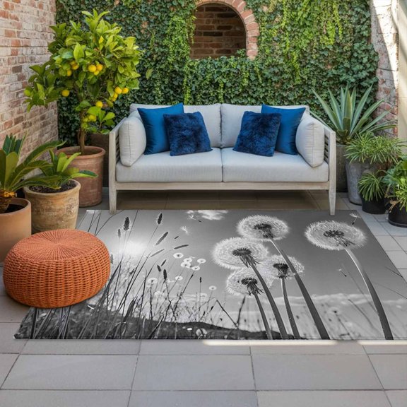 Outdoor Rug, Farmhouse Grey Field Dandelion Rural Plant Indoor Area Rug Outdoor Carpet RV Camping Rugs 4x6ft Idyllic Botanical Outside Mat for Patio Picnic Porch Deck Balcony Backyard