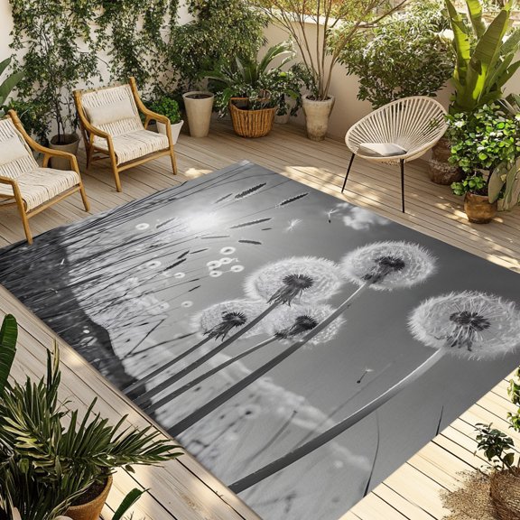 Outdoor Rug, Farmhouse Grey Field Dandelion Rural Plant Indoor Area Rug Outdoor Carpet RV Camping Rugs 5x8ft Idyllic Botanical Outside Mat for Patio Picnic Porch Deck Balcony Backyard