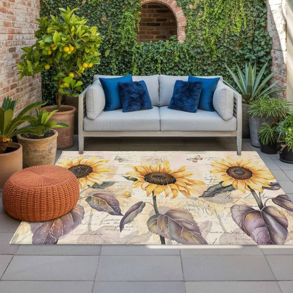 Outdoor Rug, Farmhouse Retro Sunflower Indoor Area Rug Outdoor Carpet RV Camping Rugs 4x6ft Pastoral Plant Vintage Back Outside Mat for Patio Picnic Porch Deck Balcony Backyard