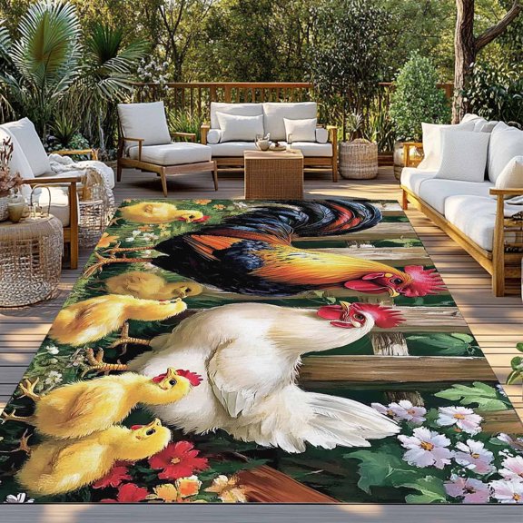 Outdoor Rug, Farmhouse Rooster Hen Chick Indoor Area Rug Outdoor Carpet RV Camping Rugs 3x5ft Wooden Fence Flower Outside Mat for Patio Picnic Porch Deck Balcony Backyard