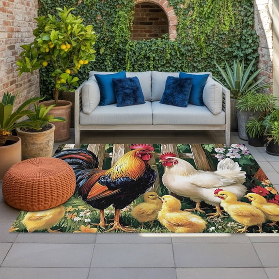Outdoor Rug, Farmhouse Rooster Hen Chick Indoor Area Rug Outdoor Carpet RV Camping Rugs 4x6ft Wooden Fence Flower Outside Mat for Patio Picnic Porch Deck Balcony Backyard