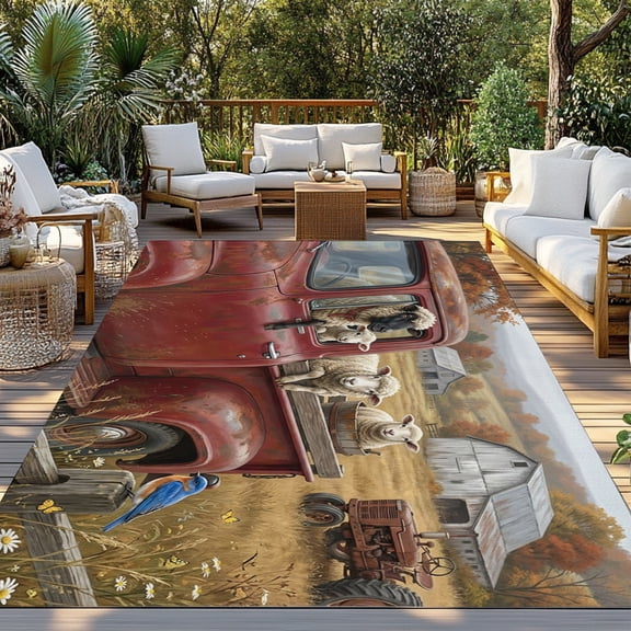 Outdoor Rug, Farmhouse Sheep Barn Truck Indoor Area Rug Outdoor Carpet RV Camping Rugs 3x5ft Pastoral Tree Wildflower Outside Mat for Patio Picnic Porch Deck Balcony Backyard