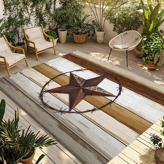 Outdoor Rug, Farmhouse Star Western Texas Absorbant Non-Slip Area Rugs Mat Carpet for Patio Balcony Porch Backyard Deck Rv Camping 5x8ft Retro Brown Wood Board