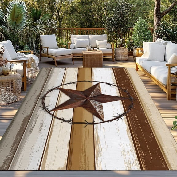 Outdoor Rug, Farmhouse Star Western Texas Indoor Area Rug Outdoor Carpet RV Camping Rugs 3x5ft Retro Brown Wood Board Outside Mat for Patio Picnic Porch Deck Balcony Backyard