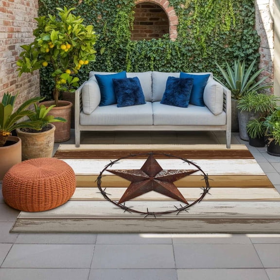 Outdoor Rug, Farmhouse Star Western Texas Indoor Area Rug Outdoor Carpet RV Camping Rugs 4x6ft Retro Brown Wood Board Outside Mat for Patio Picnic Porch Deck Balcony Backyard