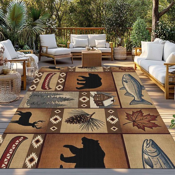 Outdoor Rug, Farmhouse Wildlife Collage Indoor Area Rug Outdoor Carpet RV Camping Rugs 3x5ft Animal Deer Fish Outside Mat for Patio Picnic Porch Deck Balcony Backyard