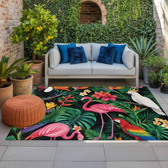 Outdoor Rug, Flamingo Green Monstera Leaf Palm Leaves Indoor Area Rug Outdoor Carpet RV Camping Rugs 4x6ft Summer Tropical Plant Outside Mat for Patio Picnic Porch Deck Balcony Backyard