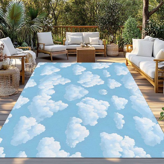 Outdoor Rug, Fluffy White Clouds Indoor Area Rug Outdoor Carpet RV Camping Rugs 3x5ft Symmetrical Blue Sky Pattern Outside Mat for Patio Picnic Porch Deck Balcony Backyard