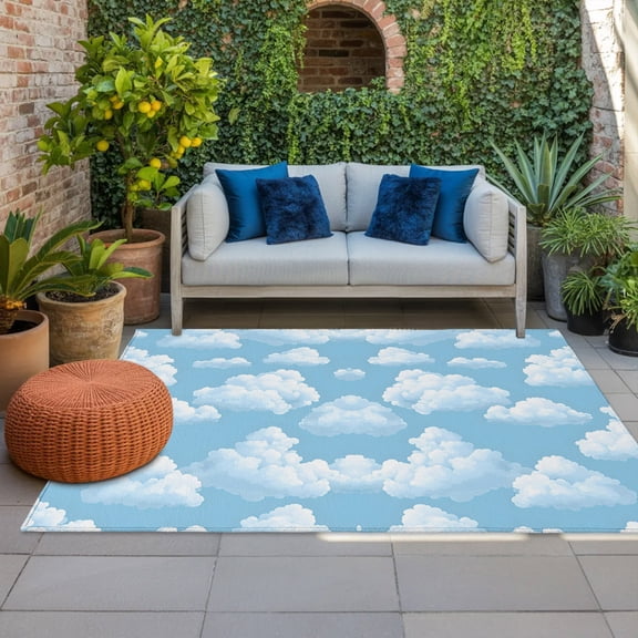 Outdoor Rug, Fluffy White Clouds Indoor Area Rug Outdoor Carpet RV Camping Rugs 4x6ft Symmetrical Blue Sky Pattern Outside Mat for Patio Picnic Porch Deck Balcony Backyard