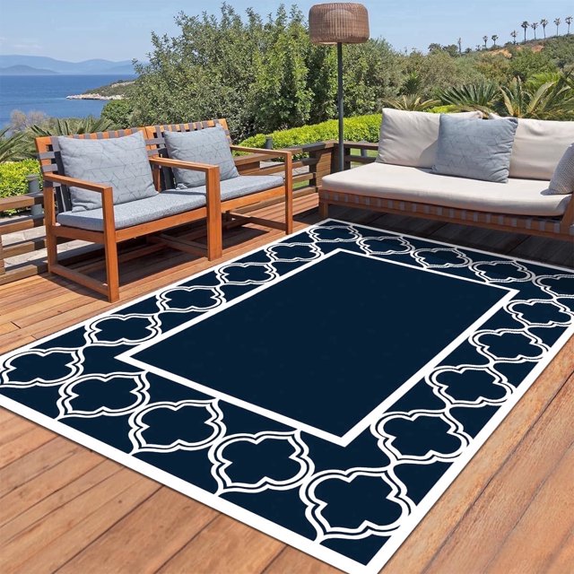 Kzaei Waterproof Outdoor Rug, Reversible Plastic Camping Area Rugs, Blue & White