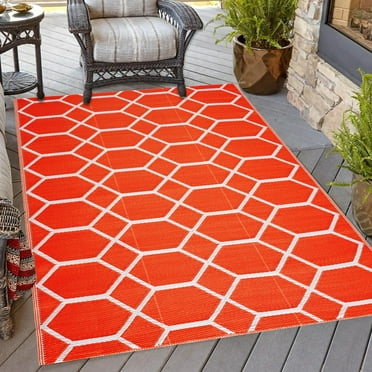 Outdoor Rug - Folded Design - Recycled Plastic Mat for Patio, Camping, Beach, Balcony, Porch, Deck - Weather, Water, Stain, Lightweight, Fade and UV Resistant - Miami - Orange & White