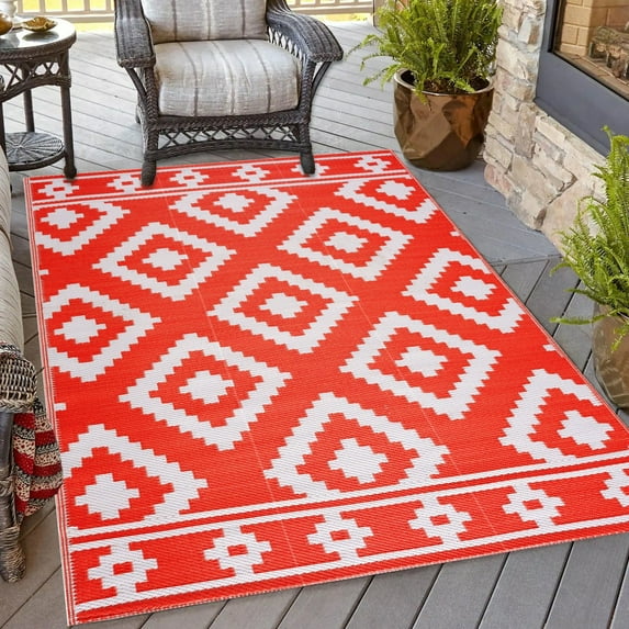 Outdoor Rug - Folded Design - Recycled Plastic Mat for Patio, Camping, Beach, Balcony, Porch, Deck - Weather, Water, Stain, Lightweight, Fade and UV Resistant - Milan - Orange & White