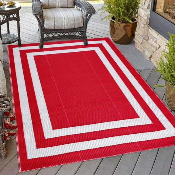 Outdoor Rug - Folded Design - Recycled Plastic Mat for Patio, Camping, Beach, Balcony, Porch, Deck - Weather, Water, Stain, Lightweight, Fade and UV Resistant - Paris- Red & White