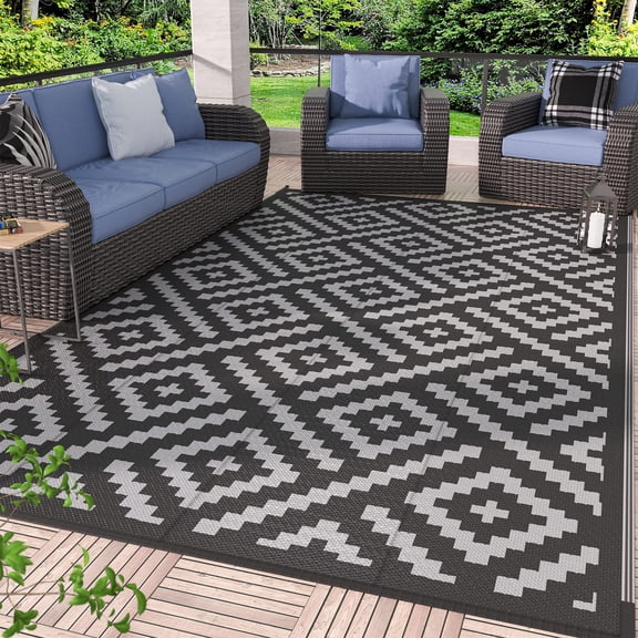 Outdoor Rug For Patio Clearance 5'x8' Waterproof Mat Reversible Plastic Camping Rugs Rv Porch Deck Camper Balcony Backyard Black & Gray