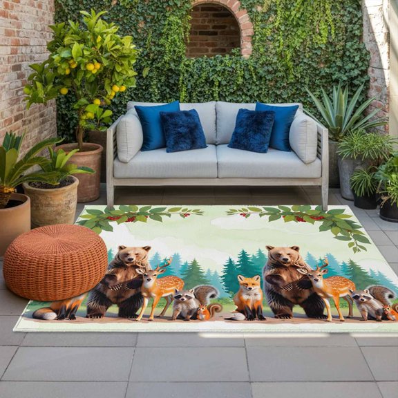 Outdoor Rug, Forest Bear Deer Fox Squirrel Indoor Area Rug Outdoor Carpet RV Camping Rugs 4x6ft Farmhouse Animal Plant Tree Outside Mat for Patio Picnic Porch Deck Balcony Backyard