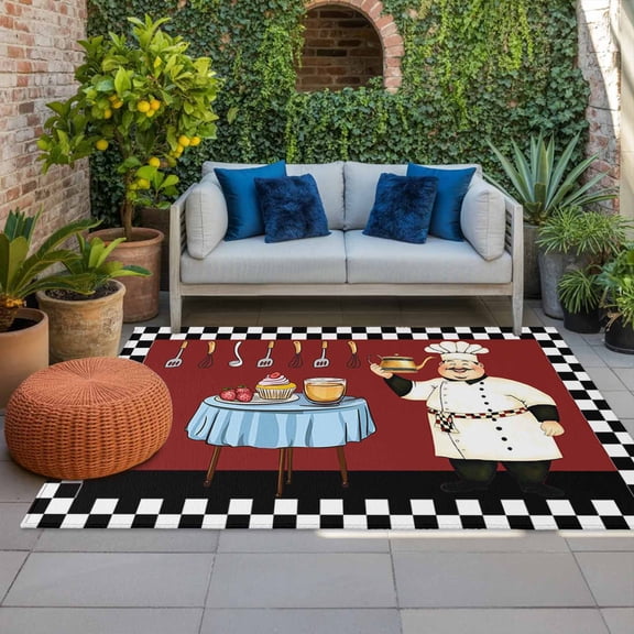 Outdoor Rug, Funny Chef Delicious Dessert Indoor Area Rug Outdoor Carpet RV Camping Rugs 4x6ft Black and White Checker Outside Mat for Patio Picnic Porch Deck Balcony Backyard