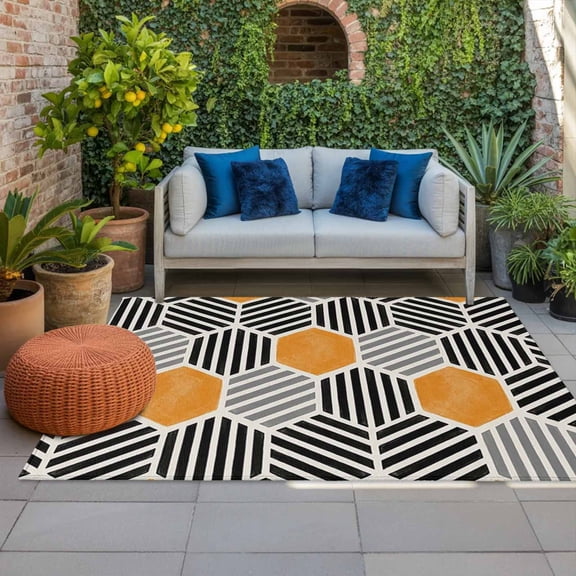 Outdoor Rug, Geometric Orange Black Hexagon Indoor Area Rug Outdoor Carpet RV Camping Rugs 4x6ft Modern Abstract Stripe Art Outside Mat for Patio Picnic Porch Deck Balcony Backyard