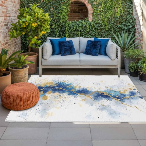 Outdoor Rug, Gold Blue Blooming Effect Indoor Area Rug Outdoor Carpet RV Camping Rugs 4x6ft Abstract Marble Texture Outside Mat for Patio Picnic Porch Deck Balcony Backyard