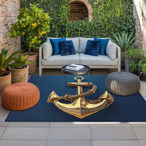 Outdoor Rug, Gold Ship Anchor Absorbant Non-Slip Area Rugs Mat Carpet for Patio Balcony Porch Backyard Deck Rv Camping 4x6ft Blue Background