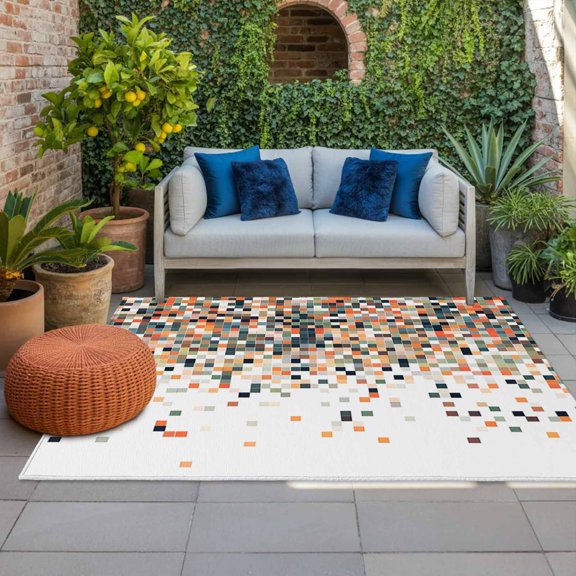 Outdoor Rug, Gradient Orange Red Color Block Indoor Area Rug Outdoor Carpet RV Camping Rugs 4x6ft Abstract Brown Geometric Outside Mat for Patio Picnic Porch Deck Balcony Backyard