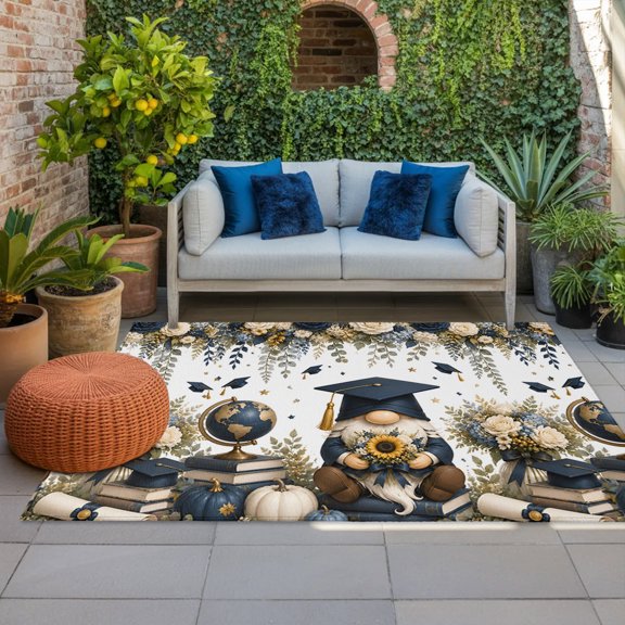 Outdoor Rug, Graduation Celebration Gnome Indoor Area Rug Outdoor Carpet RV Camping Rugs 4x6ft Navy Blue Bachelor's Hat Outside Mat for Patio Picnic Porch Deck Balcony Backyard
