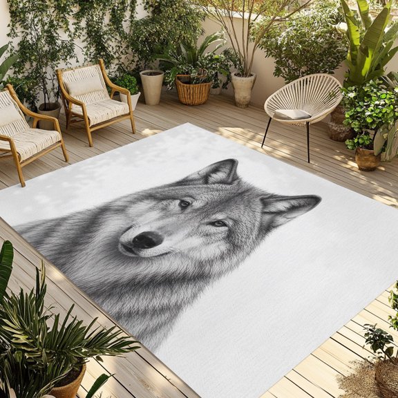Outdoor Rug, Gray Timber Wolf Sketch Indoor Area Rug Outdoor Carpet RV Camping Rugs 5x8ft Minimalist Wildlife Pattern Outside Mat for Patio Picnic Porch Deck Balcony Backyard