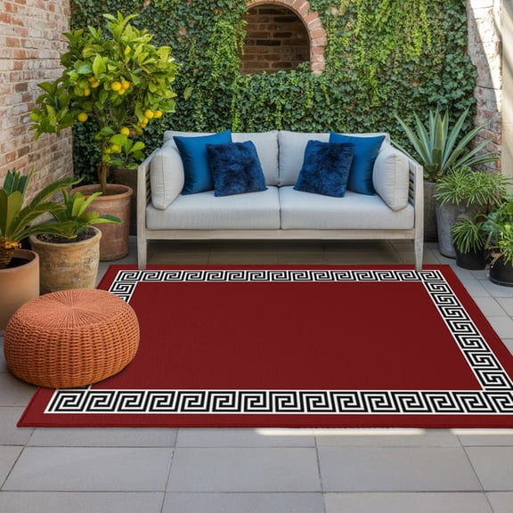 Outdoor Rug, Greek Geometric Inspired Twist Line Indoor Area Rug Outdoor Carpet RV Camping Rugs 4x6ft Abstract Key Pattern on Red Outside Mat for Patio Picnic Porch Deck Balcony Backyard