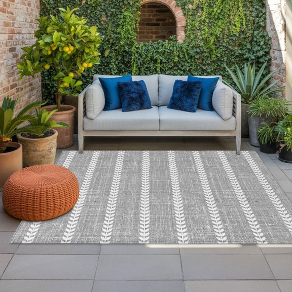 Outdoor Rug, Grey Boho Stripe Light Linen Indoor Area Rug Outdoor Carpet RV Camping Rugs 4x6ft Retro Nordic Lines Outside Mat for Patio Picnic Porch Deck Balcony Backyard