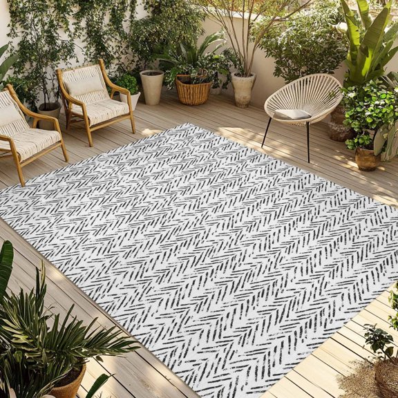 Outdoor Rug, Grey Herringbone Art Indoor Area Rug Outdoor Carpet RV Camping Rugs 5x8ft Abstract Geometric Striped Outside Mat for Patio Picnic Porch Deck Balcony Backyard