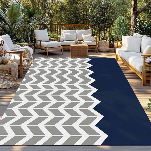 Outdoor Rug, Grey Stripes Chevron Navy Indoor Area Rug Outdoor Carpet RV Camping Rugs 3x5ft Zigzag Ripple Abstract Geometric Outside Mat for Patio Picnic Porch Deck Balcony Backyard