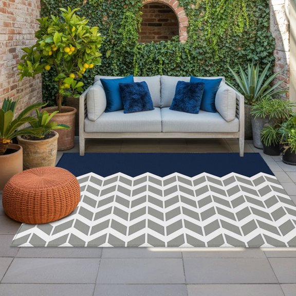 Outdoor Rug, Grey Stripes Chevron Navy Indoor Area Rug Outdoor Carpet RV Camping Rugs 4x6ft Zigzag Ripple Abstract Geometric Outside Mat for Patio Picnic Porch Deck Balcony Backyard