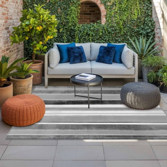 Outdoor Rug, Grey White Stripe Nordic Style Absorbant Non-Slip Area Rugs Mat Carpet for Patio Balcony Porch Backyard Deck Rv Camping 4x6ft Retro Geometric Art