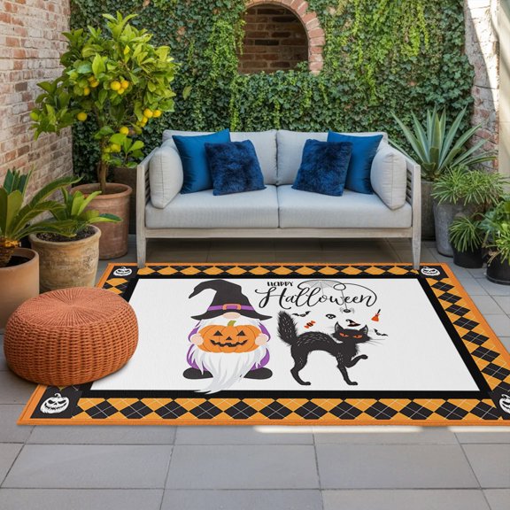 Outdoor Rug, Happy Halloween Gnome Cat Indoor Area Rug Outdoor Carpet RV Camping Rugs 4x6ft Pumpkin Candy Bat Outside Mat for Patio Picnic Porch Deck Balcony Backyard