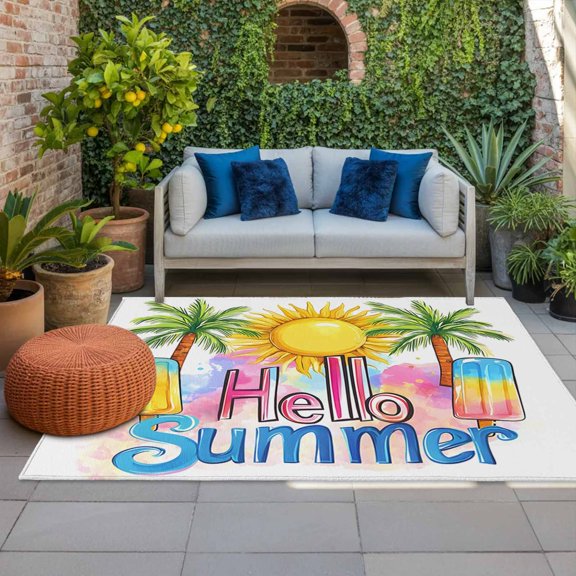 Outdoor Rug, Hello Summer Text Sun Palm Tree Indoor Area Rug Outdoor Carpet RV Camping Rugs 4x6ft Colorful Ocean Seaside Theme Outside Mat for Patio Picnic Porch Deck Balcony Backyard