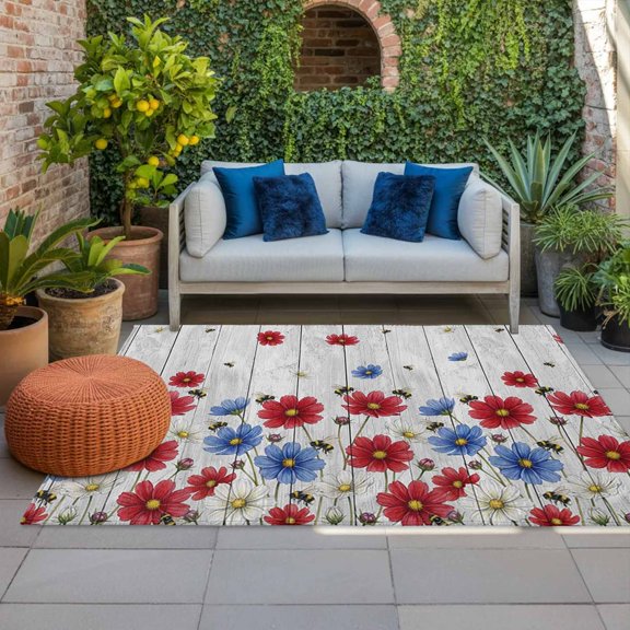 Outdoor Rug, Independence Day Blue Red Flowers Indoor Area Rug Outdoor Carpet RV Camping Rugs 4x6ft Daisy Bees Outside Mat for Patio Picnic Porch Deck Balcony Backyard