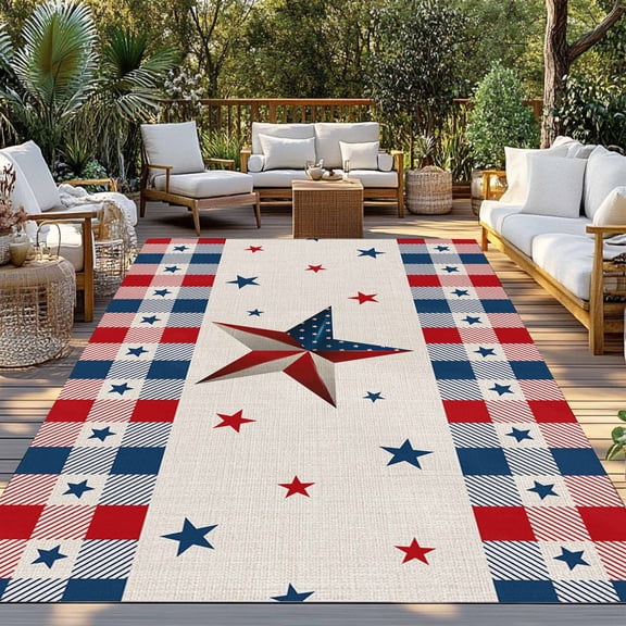 Outdoor Rug, Independence Day Flag Star on Cotton Indoor Area Rug Outdoor Carpet RV Camping Rugs 3x5ft Buffalo Plaid Border Outside Mat for Patio Picnic Porch Deck Balcony Backyard