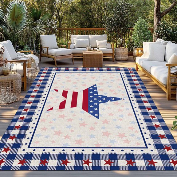 Outdoor Rug, Independence Day Red Stripe Stars Blue Plaid Indoor Area Rug Outdoor Carpet RV Camping Rugs 3x5ft American Flag Cotton Back Outside Mat for Patio Picnic Porch Deck Balcony Backyard